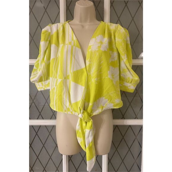 Tropical Mixed print puff sleeve tie front crop top neon green size medium - Picture 3 of 8